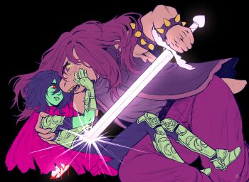1girl 1other armor bleeding blood deltarune eepykeepy furry furry_female highres holding holding_sword holding_weapon impaled injury kris_(dark_world)_(deltarune) kris_(deltarune) red_eyes reptile_girl stab susie_(dark_world)_(deltarune) susie_(deltarune) sword utdr_(toby_fox) weapon