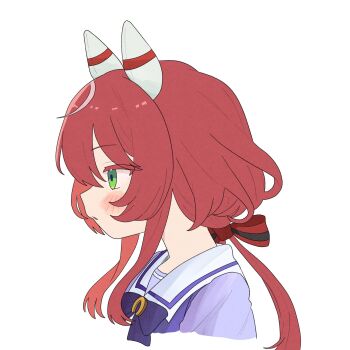 1girl animal_ears blush green_eyes hair_between_eyes hair_ornament highres horse_ears horse_girl long_hair low_twintails ofo_j1 profile ribbon school_uniform solo tracen_school_uniform twintails umamusume white_background win_variation_(umamusume)