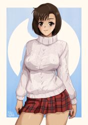 Rule 34 | 1girl, absurdres, artist logo, asymmetrical bangs, breasts, brown eyes, brown hair, colored shadow, commission, cowboy shot, drop shadow, harasaki nozomi, highres, large breasts, long sleeves, looking at viewer, pleated skirt, red skirt, ribbed sweater, second-party source, shadow, shenmue, short hair, skirt, smile, solo, sweater, thatpersonaguy, thighs, turtleneck, turtleneck sweater, two-tone background, white sweater
