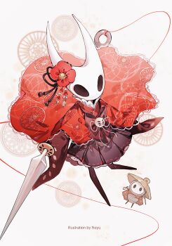 1girl 1other absurdres bow flower full_body hair_flower hair_ornament highres holding holding_needle holding_sword holding_weapon hollow_eyes hollow_knight hollow_knight:_silksong hornet_(hollow_knight) horns japanese_clothes kimono needle noyu_(noyu23386566) sewing_needle sherma_(hollow_knight) string sword thread weapon