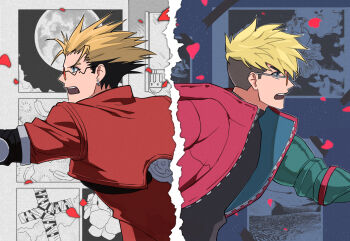 2boys arm_up black_shirt blonde_hair blue_background blue_eyes commentary_request earrings eridin3038 glasses highres jacket jewelry korean_commentary male_focus mole mole_under_eye multiple_boys open_mouth orange-tinted_eyewear profile prosthesis prosthetic_arm red_jacket round_eyewear shirt short_hair single_earring split_screen teeth tinted_eyewear trigun trigun_stampede upper_body upper_teeth_only v-shaped_eyebrows vash_the_stampede white_background