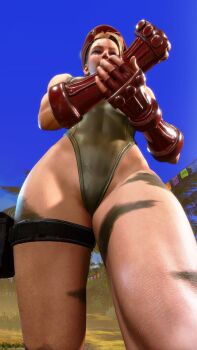 1girl 3d antenna_hair ass ass_focus bare_shoulders blonde_hair blue_eyes braid breasts cammy_white covered_navel gloves green_leotard hat highleg highleg_leotard highres leotard lips long_hair low_angle medium_breasts perspective red_hat ryona screencap shiny_clothes solo standing street_fighter street_fighter_6 thighs third-party_edit thong_leotard twin_braids very_long_hair wide_hips