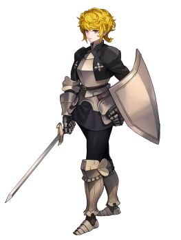 armor armored_boots black_capelet black_pants black_shirt black_skirt blonde_hair boots breastplate capelet cuirass curly_hair gauntlets greaves highres holding holding_shield holding_sword holding_weapon knight leg_armor monica_(unicorn_overlord) noma_takafumi pants red_eyes shield shirt short_hair skirt sword tight_clothes tight_pants transparent_background weapon
