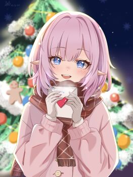 Rule 34 | 1girl, alternate costume, blue eyes, blush, breasts, christmas, christmas tree, commentary, dated, elf, elysia (honkai impact), english text, gloves, hair between eyes, heart, highres, holding, holding letter, honkai (series), honkai impact 3rd, letter, looking at viewer, night, open mouth, pink hair, pink sweater, pointy ears, red scarf, scarf, short hair, signature, sky, smile, snowflakes, snowing, solo, sweater, teeth, upper body, upper teeth only, winter gloves, zerosama (sailuojiang)