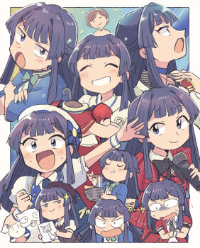 Rule 34 | 2girls, :d, black hair, blue eyes, blue shirt, border, bowl, chopsticks, closed eyes, commentary request, crossed arms, drawing (object), food, grateful blue (idolmaster), grin, hat, holding, holding bowl, holding chopsticks, holding drawing, holding microphone, holding unworn clothes, idolmaster, idolmaster million live!, idolmaster million live! theater days, long hair, microphone, mogami shizuka, multiple girls, noodles, official alternate costume, open mouth, outside border, prologue rouge (idolmaster), puffy short sleeves, puffy sleeves, real life, shiny trinity (idolmaster), shirt, short sleeves, smile, tadokoro azusa, tsubobot, udon, v-shaped eyebrows, voice actor, voice actor connection, white border, white hat