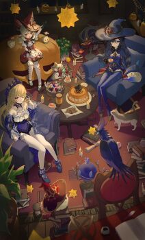 3girls absurdres armchair bird black_gloves black_hair blonde_hair blue_capelet blue_hat blue_leotard blue_thighhighs book candy capelet chair child commentary_request crow cup detached_sleeves dodoco_(genshin_impact) dress elmo_(st_elmomomo) eyepatch fischl_(ein_immernachtstraum)_(genshin_impact) fischl_(genshin_impact) food genshin_impact gloves green_eyes hair_over_one_eye hat highres holding holding_cup indoors klee_(blossoming_starlight)_(genshin_impact) klee_(genshin_impact) leotard long_hair looking_at_viewer mona_(genshin_impact) multiple_girls official_alternate_costume official_alternate_eye_color oz_(genshin_impact) pantyhose pointy_ears purple_dress purple_sleeves red_dress red_eyes red_hat sitting smile snack teacup thighhighs tiara twintails white_pantyhose white_thighhighs witch_hat