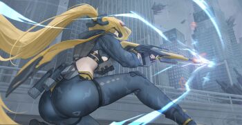 1girl absurdres ass black_pants blindfold_mask blonde_hair breasts building bulletproof_vest camouflage camouflage_pants eye_mask firing from_behind grey_sky gun heine_(haloo1101) highres holding holding_weapon large_breasts long_hair mask on_one_knee outdoors pants ponytail rain rifle skin_tight sky skyscraper solo trigger_(zenless_zone_zero) underboob weapon zenless_zone_zero
