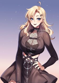 1girl aegyo_sal ahoge artist_name black_bra black_collar black_jacket black_lips black_nails black_skirt blonde_hair blue_background blue_eyes bra breasts cleavage closed_mouth collar commentary cowboy_shot cropped_jacket curtained_hair ear_piercing earrings emma_(sasucchi95) eyelashes fishnet_pantyhose fishnet_top fishnets hair_behind_ear hair_between_eyes hair_ornament hand_on_own_hip highres jacket jewelry large_breasts light_blush light_particles long_hair long_sleeves looking_at_viewer mature_female midriff miniskirt nail_polish open_clothes open_jacket original pantyhose piercing sasucchi95 simple_background skirt smile solo standing tsurime underwear