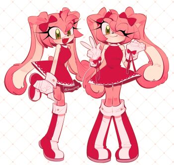 1girl absurdres amy_rose animal_ears animal_nose argyle_background artist_name bare_shoulders boots bow breasts closed_mouth commentary dress ear_bow eyelashes fake_animal_ears fang full_body furry furry_female gloves green_eyes hands_up hedgehog_girl highres looking_at_viewer medium_breasts one_eye_closed open_mouth pink_fur rabbit_ears red_boots red_bow red_dress sleeveless sleeveless_dress smile sonic_(series) standing standing_on_one_leg symbol-only_commentary tail turtleneck turtleneck_dress usheriiu w white_background white_gloves