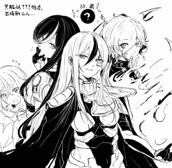 1boy 3girls armor bodysuit breasts cape commentary eva_(hundred_line) facial_mark fingers_to_mouth fire hand_on_another's_shoulder heterochromia highres kamyuhn long_hair medium_breasts medium_hair mero_(merope_hika) monochrome multicolored_hair multiple_girls school_uniform shion_(hundred_line) shoulder_armor smile streaked_hair the_hundred_line_-last_defense_academy- translated v v'ehxness