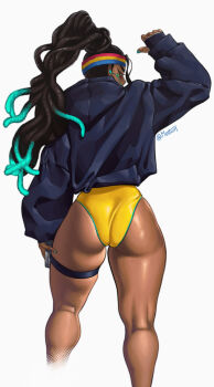 Rule 34 | 1girl, aqua nails, ass, bikini, black hair, cropped legs, dark-skinned female, dark skin, dreadlocks, headband, highres, jacket, kimberly jackson, mootium, multicolored hair, quad braids, simple background, solo, street fighter, street fighter 6, swimsuit, thigh strap, toned, toned female, very dark skin, white background, yellow bikini