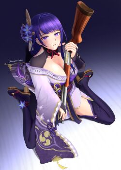 1girl artist_name black_thighhighs blunt_bangs blush braid breasts bridal_gauntlets cleavage clothing_cutout collarbone commentary english_commentary fan_hair_ornament flower flower_ornament from_above genshin_impact gradient_background gradient_hair gun hair_between_eyes hair_ribbon highres holding holding_gun holding_weapon huge_breasts japanese_clothes kimono long_braid looking_at_viewer looking_to_the_side looking_up mitsudomoe_(shape) mole mole_under_eye multicolored_hair neck_ribbon off_shoulder parted_bangs pink_lips purple_background purple_eyes purple_flower purple_hair purple_kimono purple_nails raiden_shogun red_ribbon red_sash rekka_yamato ribbon sash shade shotgun shoulder_cutout shy signature single_braid sitting solo streaked_hair thick_thighs thighhighs thighs tomoe_(symbol) wariza weapon