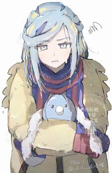 Rule 34 | 1boy, absurdres, anzu (v0 0v o0), aqua eyes, aqua hair, bird, blue eyes, blue hair, blue mittens, blue scarf, closed mouth, commentary request, gen 3 pokemon, grusha (pokemon), highres, holding, holding pokemon, jacket, long hair, long sleeves, looking at viewer, male focus, mittens, nintendo, pokemon, pokemon (creature), pokemon sv, scarf, simple background, squiggle, striped clothes, striped scarf, swablu, wet, wings, yellow jacket