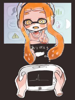 Rule 34 | 1girl, blush, bright pupils, collarbone, colored tongue, game console, hand up, headphones, index finger raised, inkling, inkling girl, inkling player character, long hair, looking at viewer, lower teeth only, nintendo, open mouth, orange hair, orange tongue, pointing, pointing at viewer, pomepome 05, shirt, short sleeves, splatoon (series), splatoon 1, t-shirt, teeth, tentacle hair, very long hair, white pupils, white shirt, wii u, wii u gamepad, yellow eyes