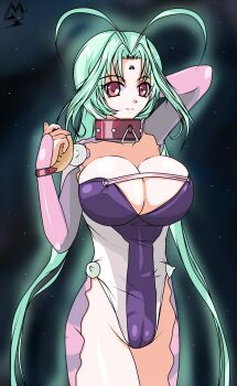 00s 1girl adjusting_hair ahoge arm_up bracelet breasts bursting_breasts cameltoe cellshadfan cleavage collar comic dears facial_mark female_focus forehead_mark green_hair hair_intakes highres huge_breasts jewelry light_smile long_hair looking_at_viewer red_eyes ren_(dears) star_(symbol) thigh_gap thighs very_long_hair watermark