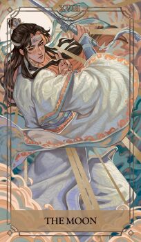 Rule 34 | 1boy, abstract background, bishounen, blue trim, border, brown eyes, brown hair, card (medium), chinese clothes, chinese hairpin, closed mouth, cloud, colored smoke, day, english text, frown, full moon, gold border, hanfu, headband, highres, holding, holding sword, holding weapon, lan wangji, layered sleeves, long hair, long sleeves, looking at viewer, male focus, modao zushi, moon, orange trim, ornate border, ribbon, ribboned xiao guan, robe, roman numeral, smoke, solo, sword, sword tassel, tarot, tarot (medium), tassel, the moon (tarot), topknot, verbartt, weapon, white hanfu, white headband, white robe, wide sleeves, xiao guan (headdress)