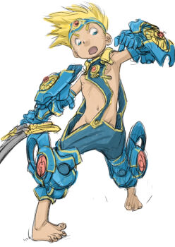 1boy armor barefoot blonde_hair blue_eyes hada_toshiya highres holding holding_weapon male_focus midriff_peek open_mouth original short_hair solo sword weapon white_background