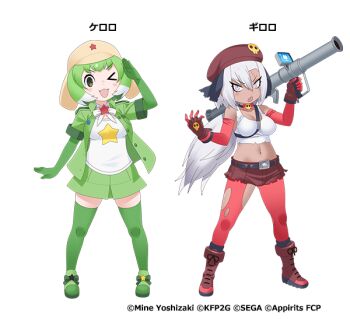 2girls copyright_name full_body giroro_(kemono_friends) green_hair grey_hair kemono_friends kemono_friends_3 keroro_(kemono_friends) keroro_gunsou long_hair looking_at_viewer multiple_girls official_art short_hair simple_background yoshizaki_mine_(style)