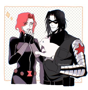 1boy 1girl animal animal_ears animal_nose artist_name avengers_(series) belt black_belt black_bodysuit black_gloves black_hair black_mask black_shirt black_widow blue_eyes blush bodysuit border breast_pocket bucky_barnes cat cat_ears closed_mouth eye_mask facial_hair fingerless_gloves gloves green_eyes hands_up highres looking_at_animal looking_at_another marvel mask mcnn0000 natasha_romanoff open_bodysuit open_clothes outside_border pale_skin palms_together pocket polka_dot polka_dot_background prosthesis prosthetic_arm red_hair red_lips shirt short_hair smile sparkle star_(symbol) superhero_costume teeth wavy_hair white_background white_border white_cat white_fur winter_soldier