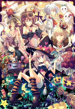2girls 3boys angel angel_wings animal_ears bad_id bad_pixiv_id bat_(animal) blonde_hair bloomers blush broom brown_hair bustier candy checkerboard_cookie city cookie crown dress flower food ghost gloves halloween halo hat heart holding_hands jack-o&#039;-lantern jewelry king lantern lingerie macaron mappi_(artist) midriff moon multiple_boys multiple_girls nail_polish navel one_eye_closed orange_flower orange_nails orange_rose pink_nails pumpkin purple_eyes red_flower red_rose ribbon rose shorts smile socks star_(symbol) striped_clothes striped_legwear striped_socks underwear werewolf white_hair wings wink witch witch_hat yamadori_yoshitomo