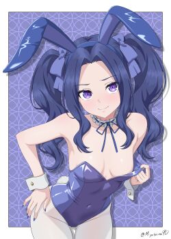 1girl abstract_background absurdres animal_ear_hairband animal_ears artist_name bare_arms bare_shoulders blush border breasts breasts_apart choker closed_mouth commentary covered_navel cowboy_shot english_commentary fake_animal_ears fake_tail fingernails forehead frilled_choker frills gluteal_fold groin hair_ribbon hairband highleg highleg_leotard highres leaning_forward leotard leotard_pull loli long_fingernails long_sidelocks looking_at_viewer melty_q_melromarc mixed-language_commentary miyoshino90 outside_border paid_reward_available pantyhose parted_bangs playboy_bunny purple_background purple_choker purple_eyes purple_hair purple_hairband purple_leotard purple_nails purple_ribbon rabbit_ears rabbit_tail ribbon ribbon_choker sidelocks signature small_breasts solo strapless strapless_leotard tail tate_no_yuusha_no_nariagari twitter_username v-shaped_eyebrows variant_set white_border white_pantyhose white_wrist_cuffs wrist_cuffs