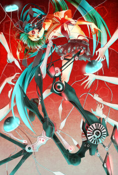 1girl android black_hair black_sclera black_skirt brown_hair ca_(deino) calne_ca_(deino) claws colored_sclera female_focus full_body gradient_hair green_eyes hair_between_eyes hair_ribbon hatsune_miku highres isopod long_hair looking_at_viewer mechanical multicolored_hair nato-kun red_eyes ribbon saikin_osen_-_bacterial_contamination_-_(vocaloid) school_uniform serafuku short_sleeves simple_background skeleton skirt solo song_name sumino_akasuke tongue twintails very_long_hair vocaloid white_background