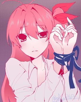 Rule 34 | 1girl, blush, bound, bound wrists, breasts, chaos;head, clenched teeth, commentary request, dress shirt, efunohitof4, hair between eyes, highres, long hair, looking at viewer, no bowtie, no jacket, no neckwear, open collar, parted lips, partially open shirt, pink background, pink eyes, pink hair, sakihata rimi, school uniform, science adventure, shirt, small breasts, solo, suimei academy school uniform, teeth, upper body, white shirt