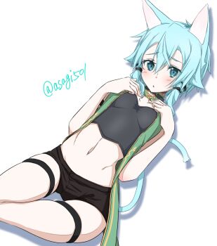 1girl :o animal_ears aqua_hair artist_name asagi501 black_choker black_ribbon black_shirt black_shorts blue_eyes breasts cat_ears cat_girl cat_tail choker coat commentary_request cowboy_shot cropped_shirt double-parted_bangs drop_shadow dutch_angle green_coat hair_between_eyes hair_ribbon hands_on_own_chest highres light_blush looking_at_viewer medium_hair messy_hair midriff navel open_clothes open_coat parted_lips ribbon shirt short_shorts shorts simple_background sinon sinon_(sao-alo) sitting small_breasts solo sword_art_online tail thick_thighs thigh_gap thighs twitter_username watermark white_background