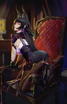 1girl absurdres animal_ear_fluff animal_ears black_corset black_gloves black_hair black_shoes breasts brown_pantyhose chair collar corset cross-laced_clothes cross-laced_corset curtains earrings fox_ears fox_girl frilled_collar frills from_side gloves hashtag-only_commentary hhhhhddd_audn high_heels highres hoshimi_miyabi indoors jewelry lamp long_hair looking_back medium_breasts on_chair pantyhose red_eyes shirt shoes solo table underbust white_shirt zenless_zone_zero zipper zipper_pull_tab