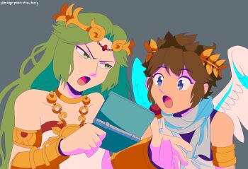 1boy 1girl angel angel_wings blue_eyes brown_hair chain circlet derivative_work gold_chain green_eyes green_hair grey_background handheld_game_console highres holding holding_handheld_game_console kid_icarus kid_icarus_uprising kid_icarus_uprising_tutorial_redraw_(meme) laurel_crown mango-peach-strawberry meme nintendo nintendo_3ds open_mouth palutena pit_(kid_icarus) scarf tumblr_username upper_body white_scarf wings