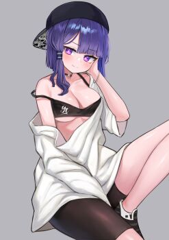 Rule 34 | 1girl, absurdres, backwards hat, baseball cap, bike shorts, black bra, black hat, bra, breasts, cleavage, commission, grey background, hat, highres, large breasts, looking at viewer, medium hair, original, oversized clothes, oversized shirt, pocari (sq551), purple eyes, purple hair, shirt, simple background, single bare shoulder, single off shoulder, solo, strap slip, underwear, vrchat, white shirt