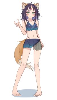 1girl animal_ear_fluff animal_ears arm_at_side asymmetrical_shorts bare_arms bare_legs barefoot bikini blue_bikini blush breasts cho_kaguya-hime! cleavage collarbone colored_skin commentary_request forehead_jewel fox_ears fox_girl fox_shadow_puppet fox_tail frilled_bikini frills full_body gem green_eyes hand_up highleg highleg_bikini highres looking_at_viewer medium_breasts medium_hair multicolored_hair navel purple_hair red_gem sakayori_iroha shadow short_shorts shorts sidelocks simple_background solo standing stomach swimsuit tail tensann3 toes white_background