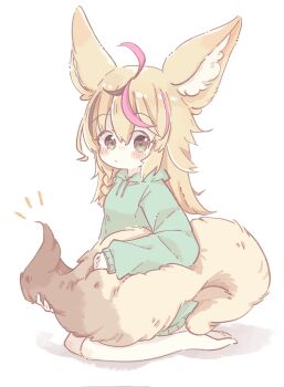 1girl alternate_costume animal_ear_fluff animal_ears black_streaks blonde_hair blush braid brown_eyes choko_min corrupted_twitter_file double-parted_bangs expressionless fox_ears fox_girl fox_tail full_body green_hoodie hair_between_eyes highres holding_own_tail hololive hood hoodie long_hair looking_at_viewer multicolored_hair notice_lines omaru_polka pink_streaks seiza simple_background sitting solo streaked_hair tail virtual_youtuber white_background