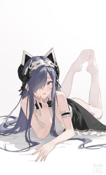 1girl absurdres august_von_parseval_(azur_lane) august_von_parseval_(the_conquered_unhulde)_(azur_lane) azur_lane blue_eyes blue_hair commentary curled_horns hair_over_one_eye highres horns lace lace-trimmed_thighhighs lace_trim lying mechanical_horns official_alternate_costume on_stomach one_eye_covered open_mouth ping_zhong_yu smile solo symbol-only_commentary thighhighs white_thighhighs