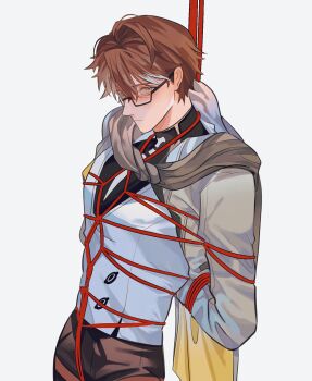 Rule 34 | 1boy, arms behind back, bdsm, black-framed eyewear, bondage, bound, bound arms, breast bondage, brown hair, brown pants, chinese commentary, closed mouth, coat, commentary request, crotch rope, glasses, grey coat, grey scarf, highres, honkai: star rail, honkai (series), long sleeves, looking at viewer, male focus, multicolored hair, pants, scarf, semi-rimless eyewear, shibari, shibari over clothes, short hair, simple background, solo, streaked hair, striped background, under-rim eyewear, vertical-striped background, vest, welt yang, white background, white streaks, white vest, xiyuan (jjnm7)