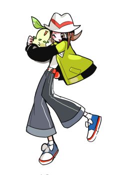 1girl bell-bottoms breasts brown_eyes brown_hair chikorita gen_2_pokemon green_jacket harmony_(pokemon) hat highres holding hug jacket long_sleeves meng78811585 nintendo open_clothes open_jacket open_mouth pants pokemon pokemon_(creature) pokemon_legends:_z-a shirt short_hair striped_hat white_background white_hat white_shirt
