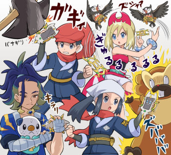 2boys 2girls :&lt; :o adaman_(pokemon) akari_(pokemon) arc_phone bibarel bird black_hair blue_coat blue_hair bracelet clenched_hand clenched_teeth coat commentary_request eyelashes gen_4_pokemon gen_5_pokemon green_hair grey_background grey_eyes hairband hands_up hat headscarf holding holding_phone holding_pokemon irida_(pokemon) jacket jewelry kleavor long_hair multicolored_hair multiple_boys multiple_girls neck_ring nintendo oshawott pants phone pokemoa pokemon pokemon_(creature) pokemon_legends:_arceus ponytail red_hairband red_headwear red_scarf red_shirt rei_(pokemon) rotom rotom_(other) sash scarf shirt short_hair shorts sidelocks skirt sparkle starly strapless strapless_shirt sweat teeth white_headscarf white_shorts