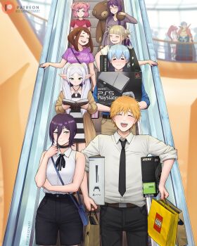 3boys 6+girls absurdres bag black_necktie black_pants black_shorts blonde_hair blue_hair blue_shirt boku_no_hero_academia boyfriend_with_expensive_gifts_(meme) brown_coat brown_hair brown_pants chainsaw_man coat commentary couple crossover denji_(chainsaw_man) dismaiden doki_doki_literature_club double_bun dress elf english_commentary escalator frieren game_console green_eyes grey_dress grin hair_bun hetero highres himmel_(sousou_no_frieren) kamina_(ttgl) large_teddy_bear looking_at_another mall meme micro_star_international multiple_boys multiple_crossover multiple_girls natsuki_(doki_doki_literature_club) necktie pants pink_hair playstation_5 pointy_ears print_shirt purple_hair purple_shirt red_shirt reze_(chainsaw_man) sharp_teeth shirt shopping shopping_bag short_hair short_twintails shorts sleeveless sleeveless_shirt smile sousou_no_frieren striped_clothes striped_dress t-shirt teeth tengen_toppa_gurren_lagann toga_himiko twintails uraraka_ochako white_hair white_shirt yoko_littner yuri yuri_(doki_doki_literature_club)