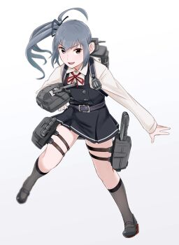 1girl belt black_dress black_ribbon black_shoes brown_eyes collared_shirt commentary dress full_body gradient_background grey_hair grey_socks hair_ribbon kantai_collection kasumi_(kancolle) kasumi_kai_ni_(kancolle) kneehighs long_hair long_sleeves looking_at_viewer neck_ribbon ojipon open_mouth pinafore_dress ponytail red_ribbon ribbon rigging shirt shoes side_ponytail sidelocks simple_background sleeveless sleeveless_dress socks solo thigh_strap white_shirt