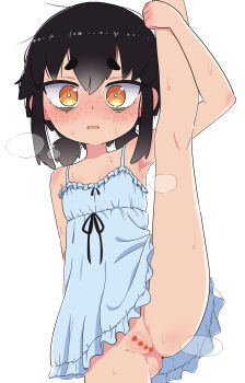 1girl absurdres black_hair blush censored heart heart_censor highres leims_(urje8584) loli looking_at_viewer original pussy simple_background solo split standing standing_on_one_leg standing_split sweat white_background