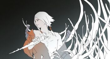 1boy abs bad_source body_horror bone bone_weapon dark_background dutch_angle facial_mark forehead_mark kaguya_kimimaro looking_to_the_side male_chest medium_hair naruto_(series) naruto_shippuuden open_clothes outstretched_arms solo upper_body weapon white_hair yellow_eyes