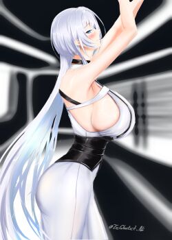 1girl absurdres armpits arms_up artist_name black_choker black_corset blue_eyes blush breasts brid_(nikke) brid_(silent_track)_(nikke) chest_harness choker collared_shirt colored_inner_hair commentary corset english_commentary from_side goddess_of_victory:_nikke harness highres large_breasts long_hair looking_to_the_side multicolored_hair pants shirt sideboob sideless_shirt solo standing suspenders tight_clothes txghostxt_ali very_long_hair white_hair white_pants white_shirt