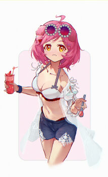 1girl absurdres ahoge animal_ears arknights bikini blush border breasts chinese_commentary chromatic_aberration cleavage collarbone commentary_request cropped_legs drink drinking_straw goldenglow_(arknights) goldenglow_(summer_flowers)_(arknights) hair_ornament hairclip highres holding holding_drink holding_spoon kknico medium_breasts official_alternate_costume outside_border partial_commentary pink_hair purple_shorts short_hair short_shorts shorts solo split_mouth spoon standing swimsuit white_bikini white_border yellow_eyes