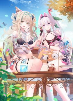 2girls bare_shoulders bikini black_bikini blonde_hair blue_sky breasts chair commentary_request cup goggles goggles_on_head hair_intakes hair_ornament half-heart_hands highres homu_(honkai_impact) honkai_(series) honkai_impact_3rd kaya_(ayase_kaya) large_breasts long_hair looking_at_viewer midriff multiple_girls navel official_alternate_costume on_chair purple_eyes second-party_source sitting sky smile songque songque_(summertime_reminiscences) songque_(whitewave_topper) swimsuit thelema_nutriscu thelema_nutriscu_(roseate_summer) thigh_strap thumbs_up very_long_hair white_hair yellow_eyes