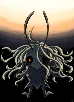 absurdres black_eyes crying highres hollow_eyes hollow_knight infection no_eyes_(hollow_knight) no_humans orange_eyes sleeping tears white_hair