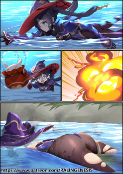 >_< 1girl accident aqua_eyes ass bad_id bad_pixiv_id black_pantyhose bomb bubble defeat dodoco_(genshin_impact) explosion explosive fainting floating genshin_impact hair_ornament hair_ribbon hat highleg highleg_leotard highres huge_ass injury leotard mona_(genshin_impact) mvv open_mouth pantyhose partially_submerged peeing purple_hair ribbon ryona surprised swimming thong_leotard torn_clothes torn_legwear twintails unconscious water watermark wet wide-eyed witch_hat