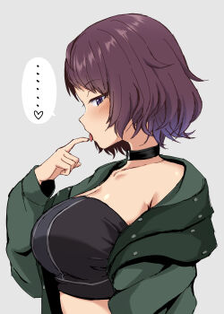 ... 1girl absurdres black_choker breasts brown_hair choker cleavage coat crop_top from_side green_coat grey_background heart highres large_breasts midriff naekawa_yawara open_clothes open_coat pointing_at_mouth profile purple_eyes ryochapu shine_post short_hair solo spoken_ellipsis spoken_heart tongue tongue_out upper_body