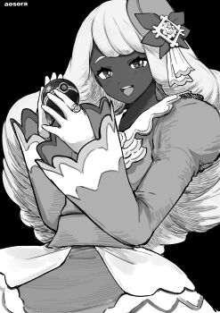 1girl :d absurdres aosora2823 artist_name black_background commentary_request dark-skinned_female dark_skin dress hair_ribbon highres holding holding_poke_ball jacinthe_(pokemon) jewelry long_sleeves looking_at_viewer monochrome nintendo open_mouth poke_ball pokemon pokemon_legends:_z-a ribbon ring simple_background smile solo teeth upper_teeth_only