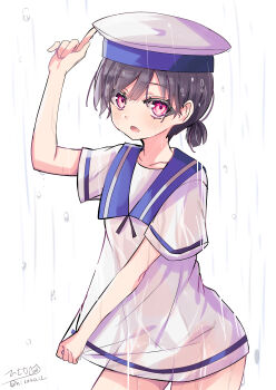 absurdres adjusting_clothes adjusting_headwear black_hair blue_sailor_collar blush collarbone commentary_request dress hair_between_eyes hat hiburi_(kancolle) highres hizaka kantai_collection looking_at_viewer low_ponytail medium_hair one-hour_drawing_challenge open_mouth panties pink_eyes ponytail rain sailor_collar sailor_dress see-through_clothes see-through_dress short_sleeves signature simple_background twitter_username underwear wet wet_clothes white_background white_hat white_panties