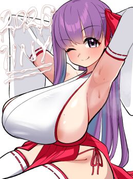 1girl absurdres armpits arms_up bare_shoulders bb_(fate) blush breasts closed_mouth detached_sleeves fate/grand_order fate_(series) hair_ribbon highres huge_breasts licking_lips long_hair looking_at_viewer okome_(pixiv108949149) one_eye_closed pelvic_curtain purple_eyes purple_hair red_ribbon red_skirt ribbon shirt sideboob sitting skirt sleeveless sleeveless_shirt smile solo sweat thighhighs thighs tongue tongue_out very_long_hair white_shirt white_thighhighs